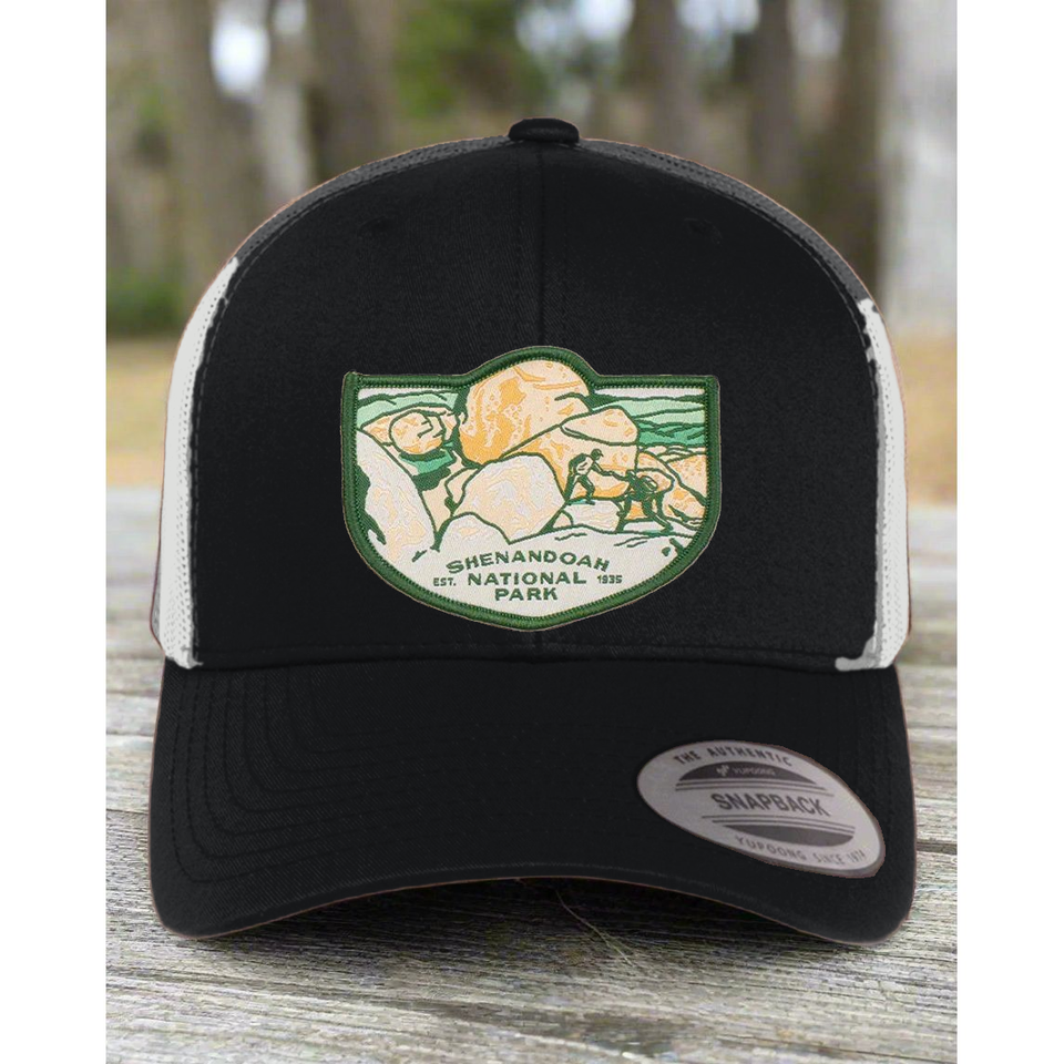 Shenandoah National Park Mesh Snapback Hat in Black/White — corrected original-photo color mockup