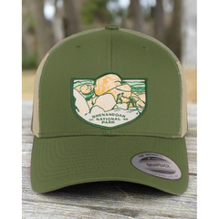 Shenandoah National Park Mesh Snapback Hat in Moss/Khaki — corrected original-photo color mockup