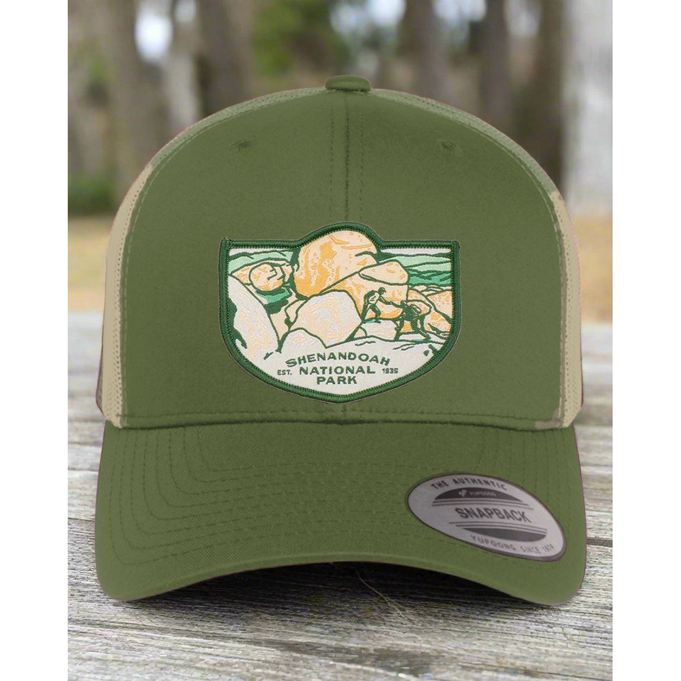 Shenandoah National Park Mesh Snapback Hat in Moss/Khaki — corrected original-photo color mockup