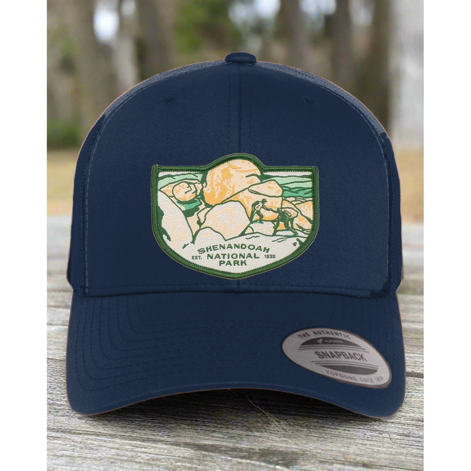 Shenandoah National Park Mesh Snapback Hat in Navy — corrected original-photo color mockup