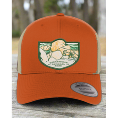 Shenandoah National Park Mesh Snapback Hat in Orange/Khaki — corrected original-photo color mockup