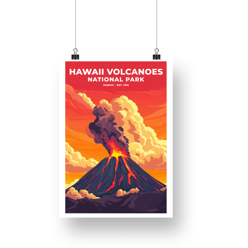 Hawaii Volcanoes National Park Poster – Erupting Volcano & Orange Sky