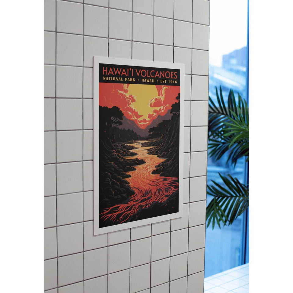 Hawaii Volcanoes National Park Poster – Glowing Lava River & Red Sky