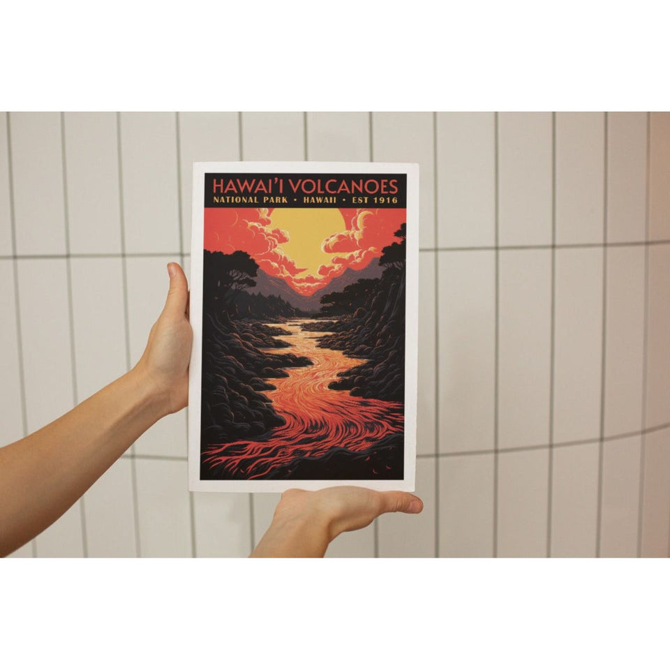 Hawaii Volcanoes National Park Poster – Glowing Lava River & Red Sky