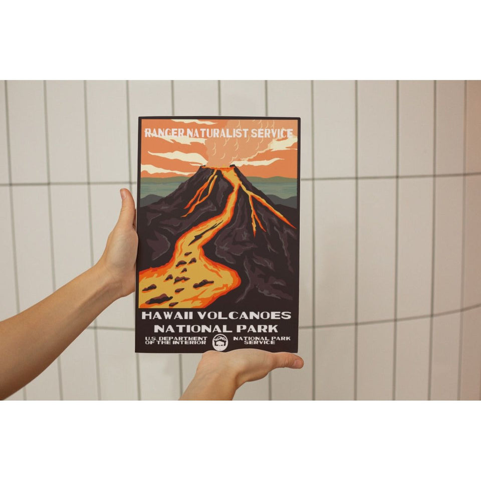 Hawaii Volcanoes National Park Poster – Lava Flow & Mountain Sunset – Ranger Header