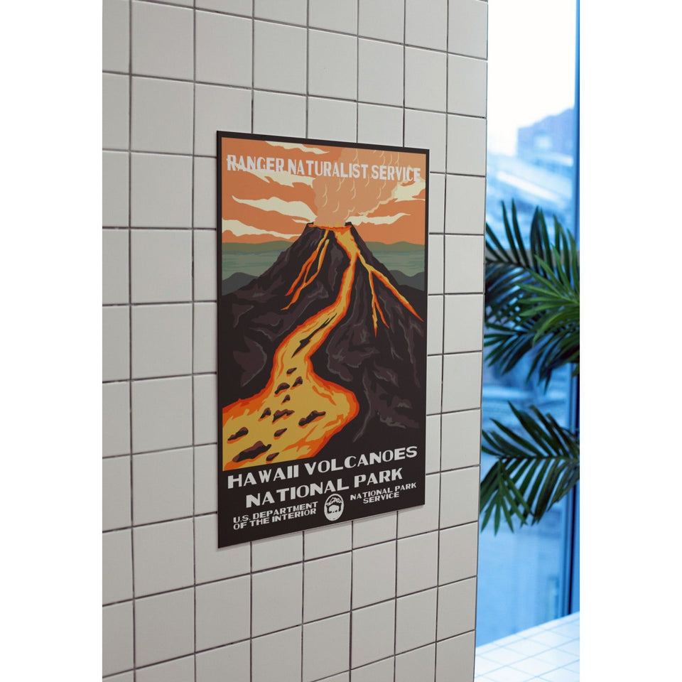 Hawaii Volcanoes National Park Poster – Lava Flow & Mountain Sunset – Ranger Header