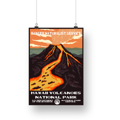 Hawaii Volcanoes National Park Poster – Lava Flow & Mountain Sunset – Ranger Header