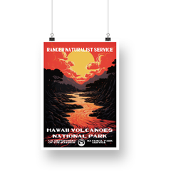Hawaii Volcanoes National Park Poster – Glowing Lava River & Red Sky – Ranger Header
