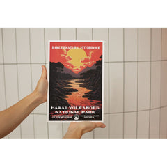 Hawaii Volcanoes National Park Poster – Glowing Lava River & Red Sky – Ranger Header