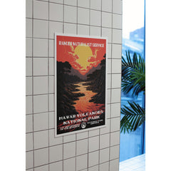 Hawaii Volcanoes National Park Poster – Glowing Lava River & Red Sky – Ranger Header