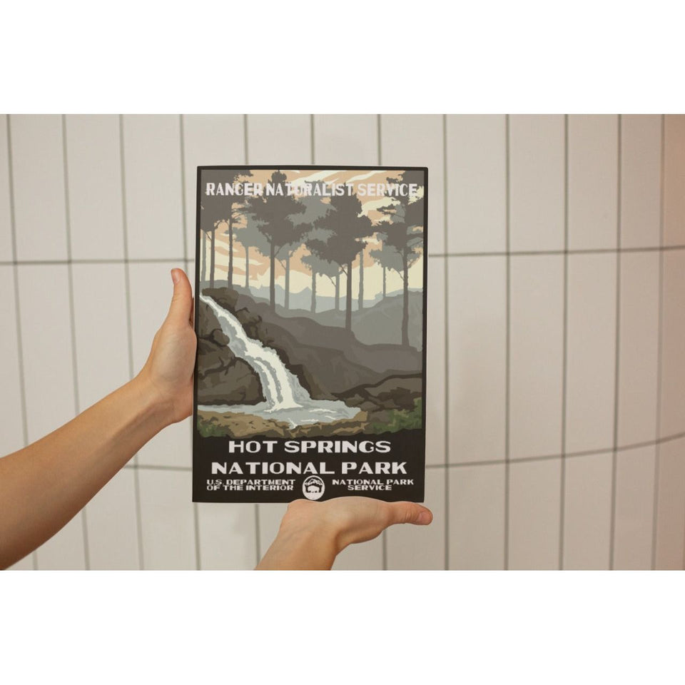 Hot Springs National Park Poster – Gray Forest & Waterfall – Ranger Header