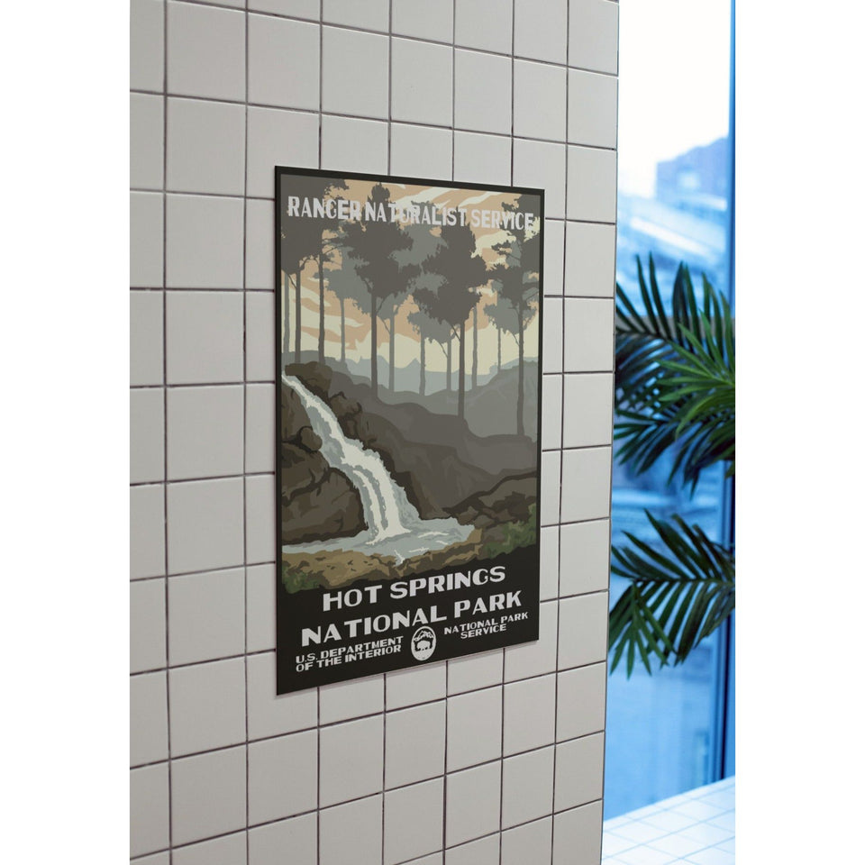 Hot Springs National Park Poster – Gray Forest & Waterfall – Ranger Header