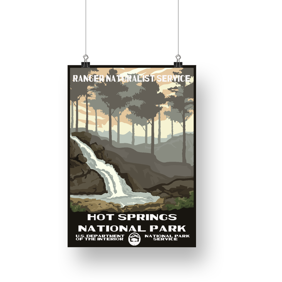 Hot Springs National Park Poster – Gray Forest & Waterfall – Ranger Header