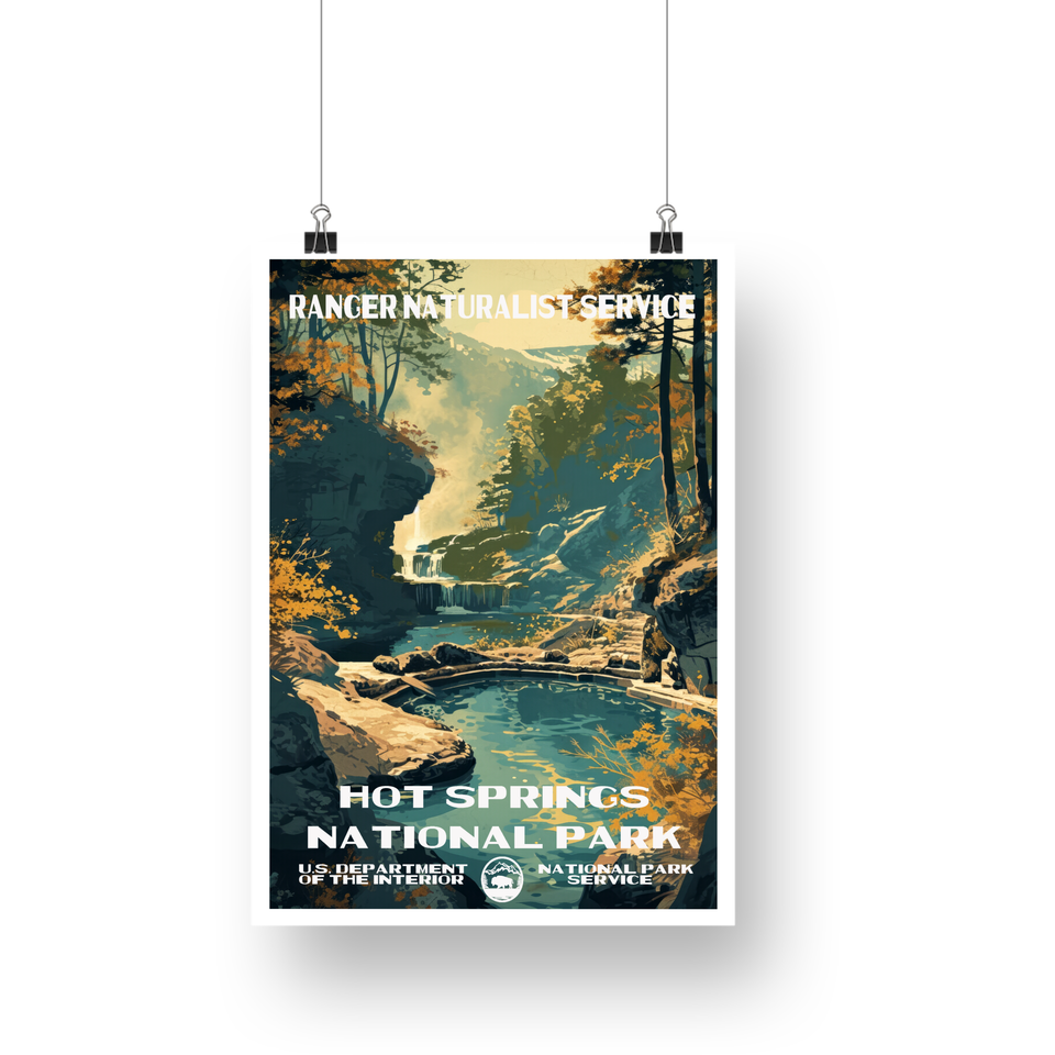 Hot Springs National Park Poster – Woodland Creek & Golden Light – Ranger Header
