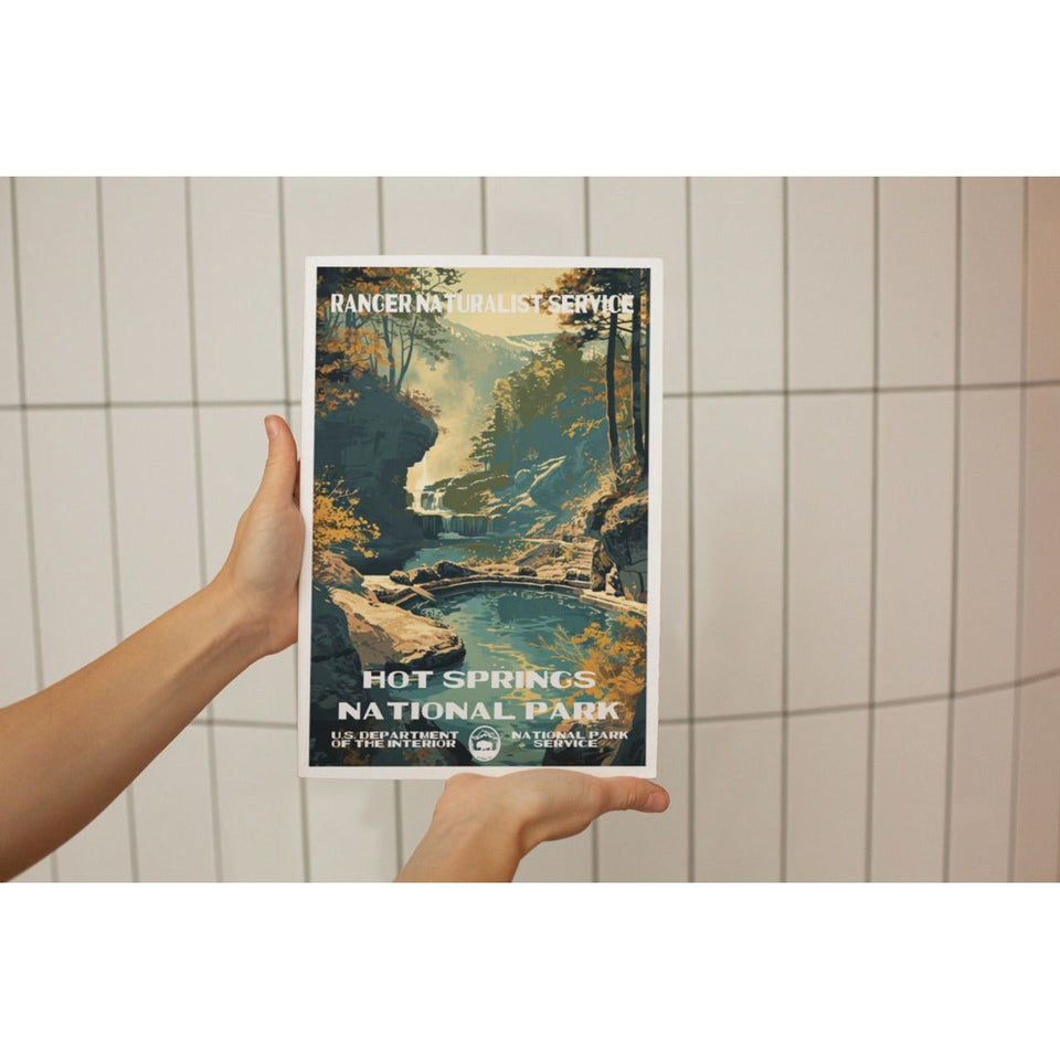 Hot Springs National Park Poster – Woodland Creek & Golden Light – Ranger Header