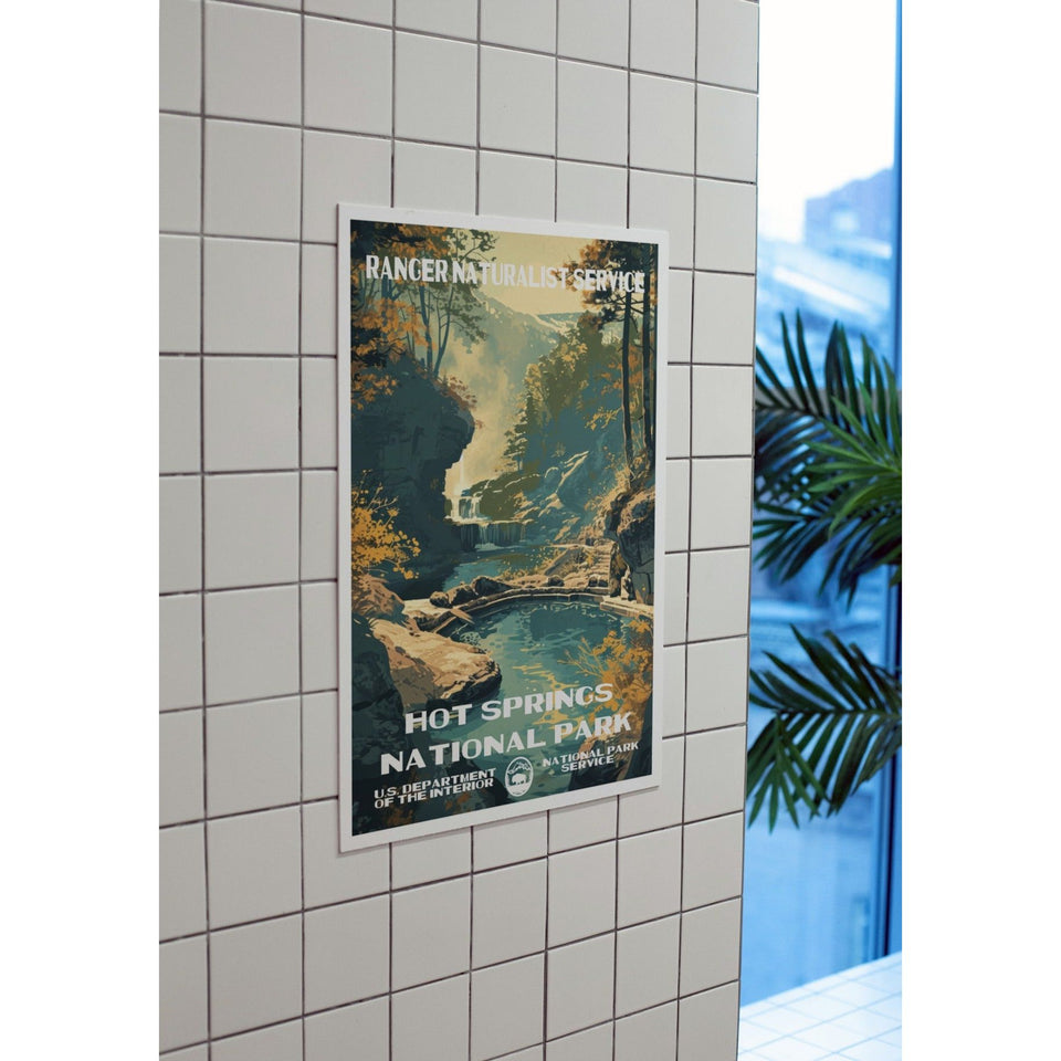 Hot Springs National Park Poster – Woodland Creek & Golden Light – Ranger Header