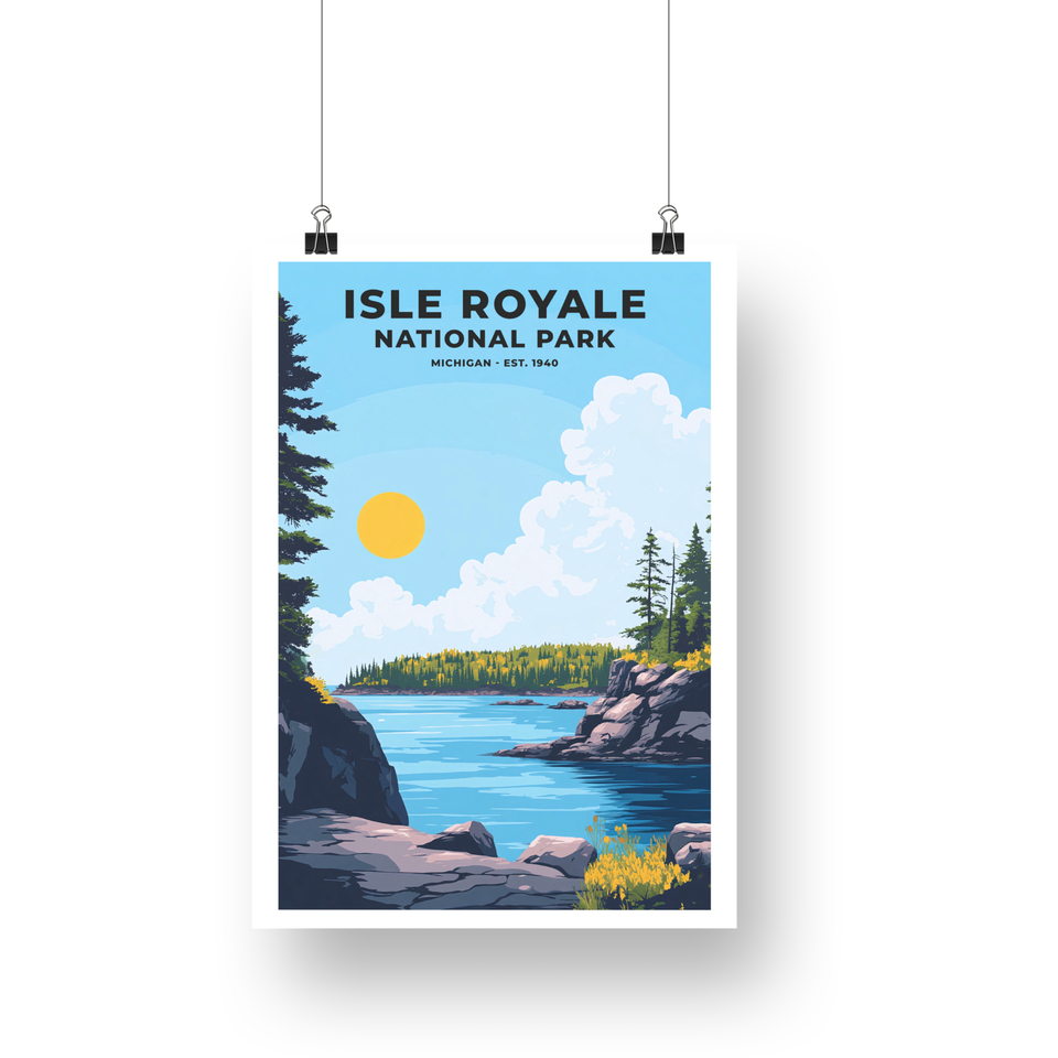Isle Royale National Park Poster – Island Shore & Yellow Sun