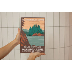 Isle Royale National Park Poster – Forested Island & Sunset Water – Ranger Header