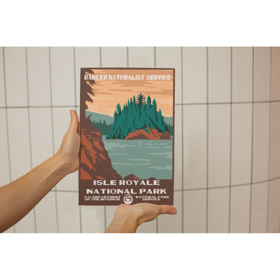 Isle Royale National Park Poster – Forested Island & Sunset Water – Ranger Header