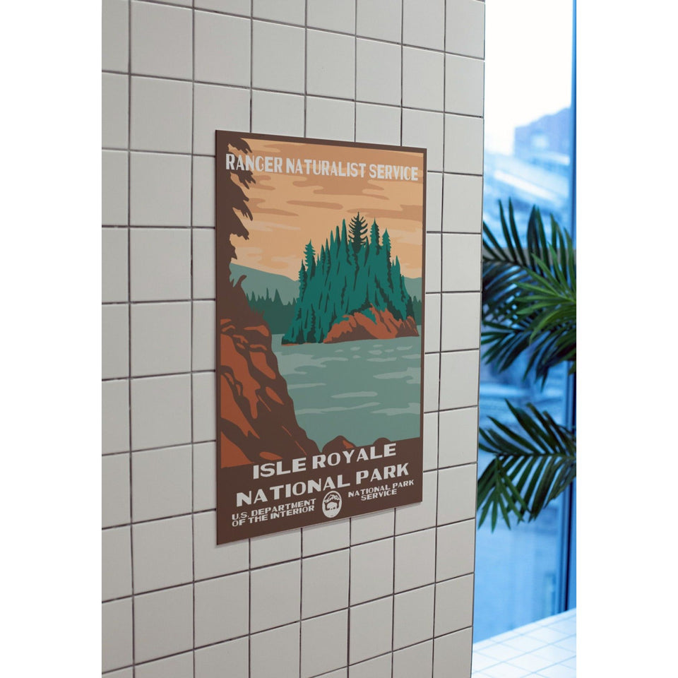 Isle Royale National Park Poster – Forested Island & Sunset Water – Ranger Header
