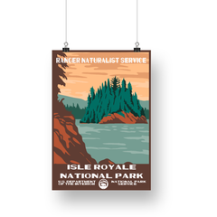 Isle Royale National Park Poster – Forested Island & Sunset Water – Ranger Header