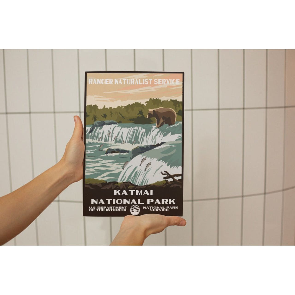 Katmai National Park Poster – Bear Fishing at a Cascade – Ranger Header