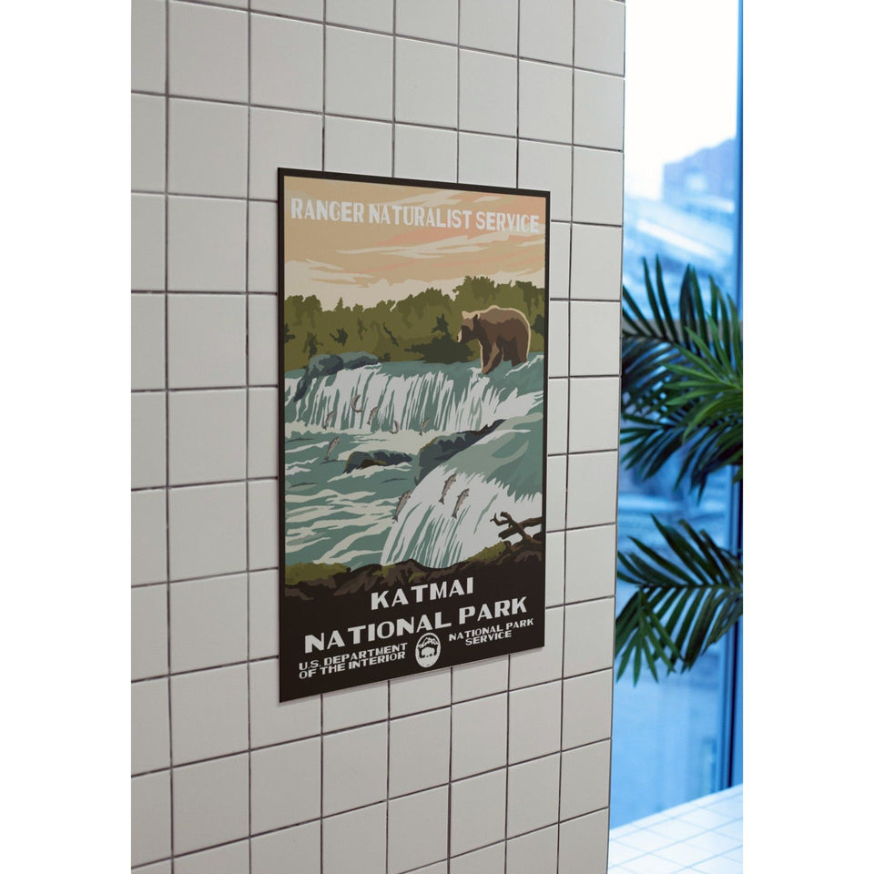 Katmai National Park Poster – Bear Fishing at a Cascade – Ranger Header