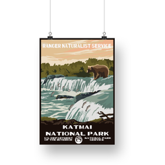 Katmai National Park Poster – Bear Fishing at a Cascade – Ranger Header