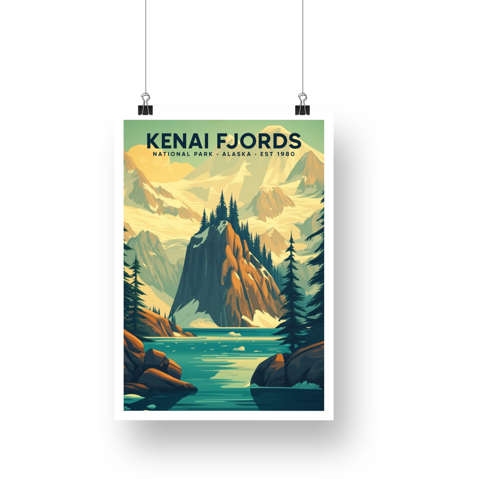 Kenai Fjords National Park Poster – Turquoise Fjord & Mountain Walls