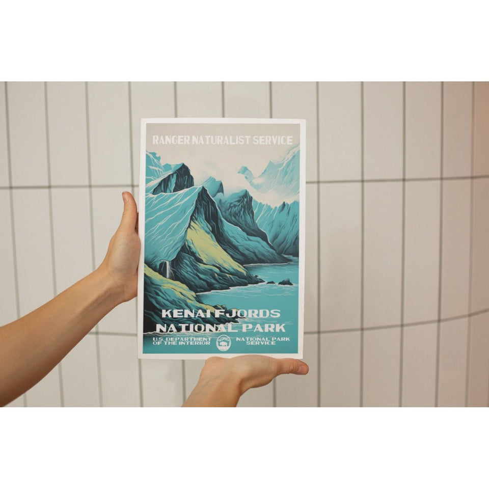 Kenai Fjords National Park Poster – Blue Fjord & Rocky Peaks – Ranger Header