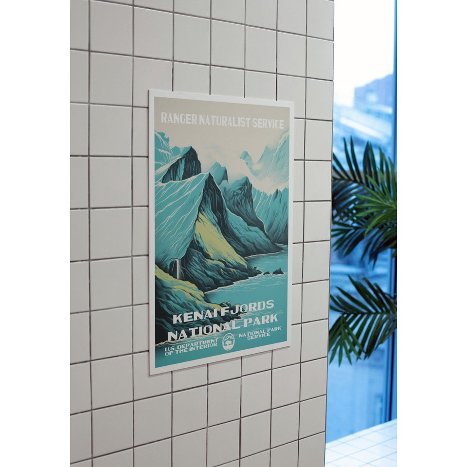 Kenai Fjords National Park Poster – Blue Fjord & Rocky Peaks – Ranger Header