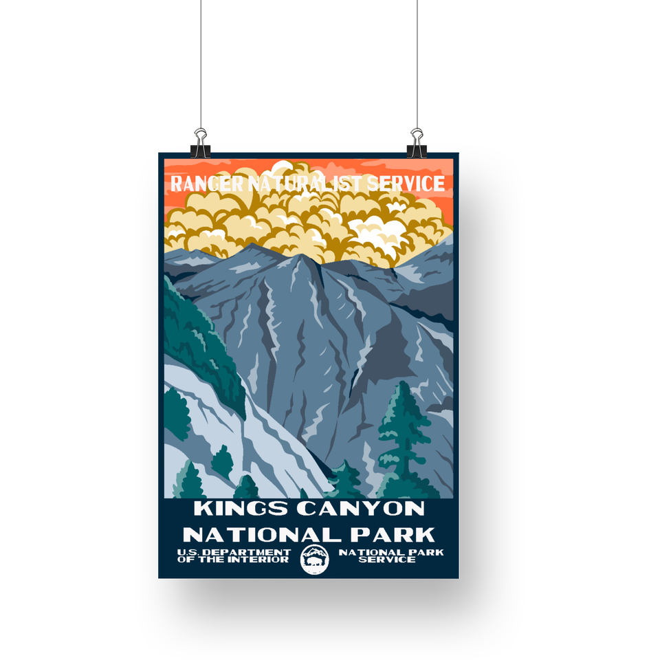 Kings Canyon National Park Poster – Blue Canyon & Orange Sky – Ranger Header