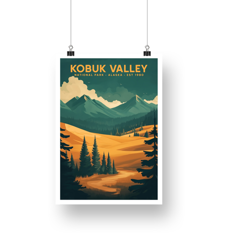 Kobuk Valley National Park Poster – Golden Dunes & Mountain Skyline