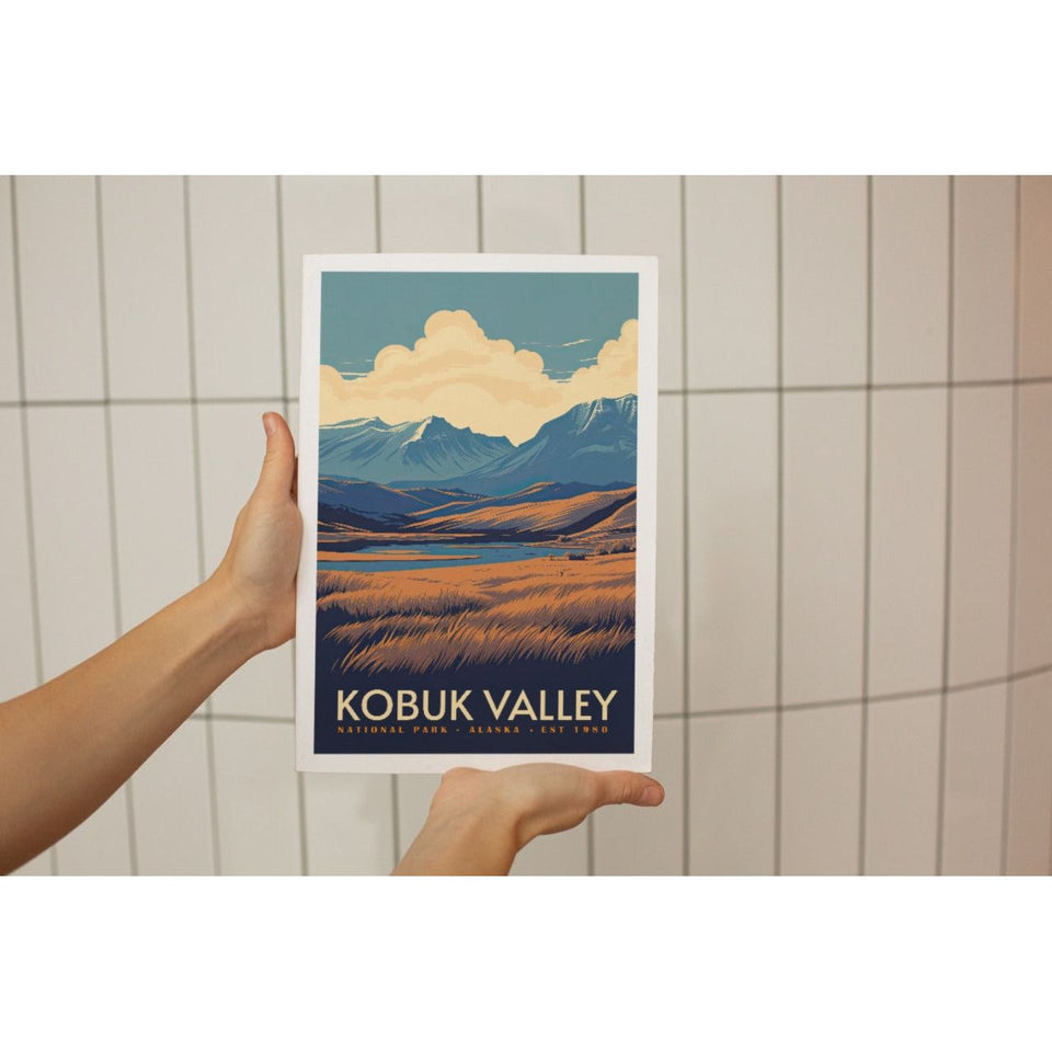 Kobuk Valley National Park Poster – Golden Grassland & Blue Mountains