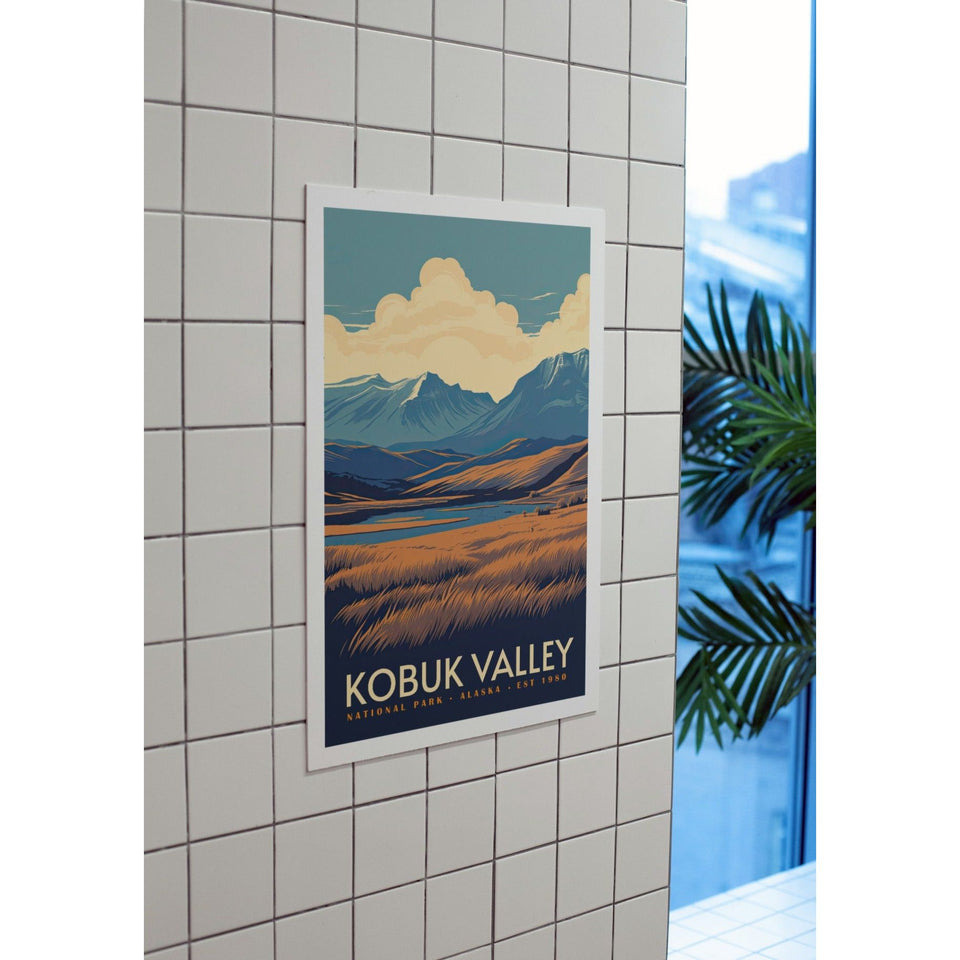 Kobuk Valley National Park Poster – Golden Grassland & Blue Mountains