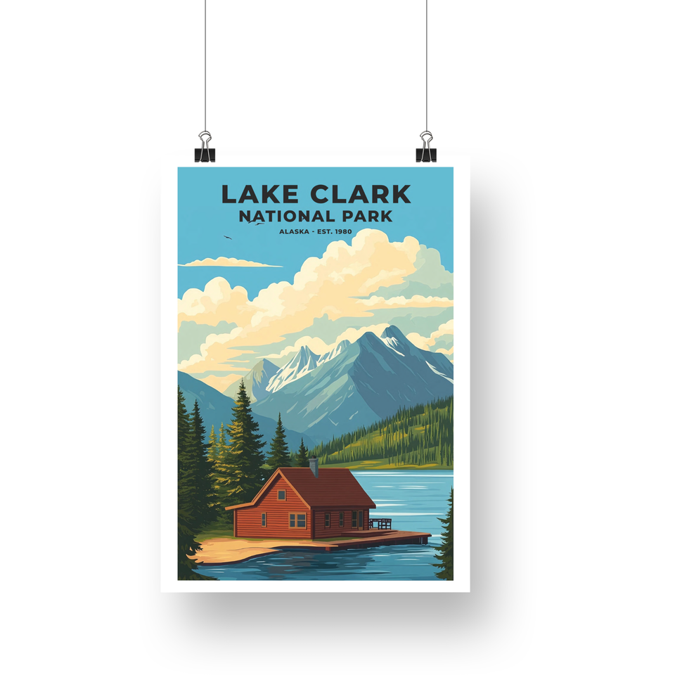Lake Clark National Park Poster – Lakeside Cabin & Mountain View