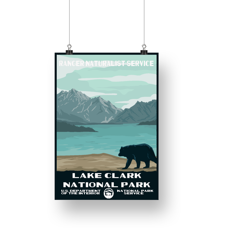 Lake Clark National Park Poster – Bear & Blue Mountain Lake – Ranger Header