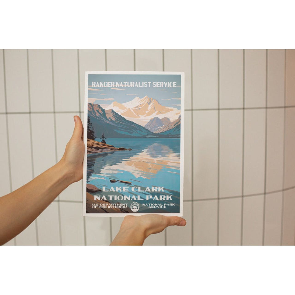 Lake Clark National Park Poster – Snowy Mountain & Lake Reflection – Ranger Header