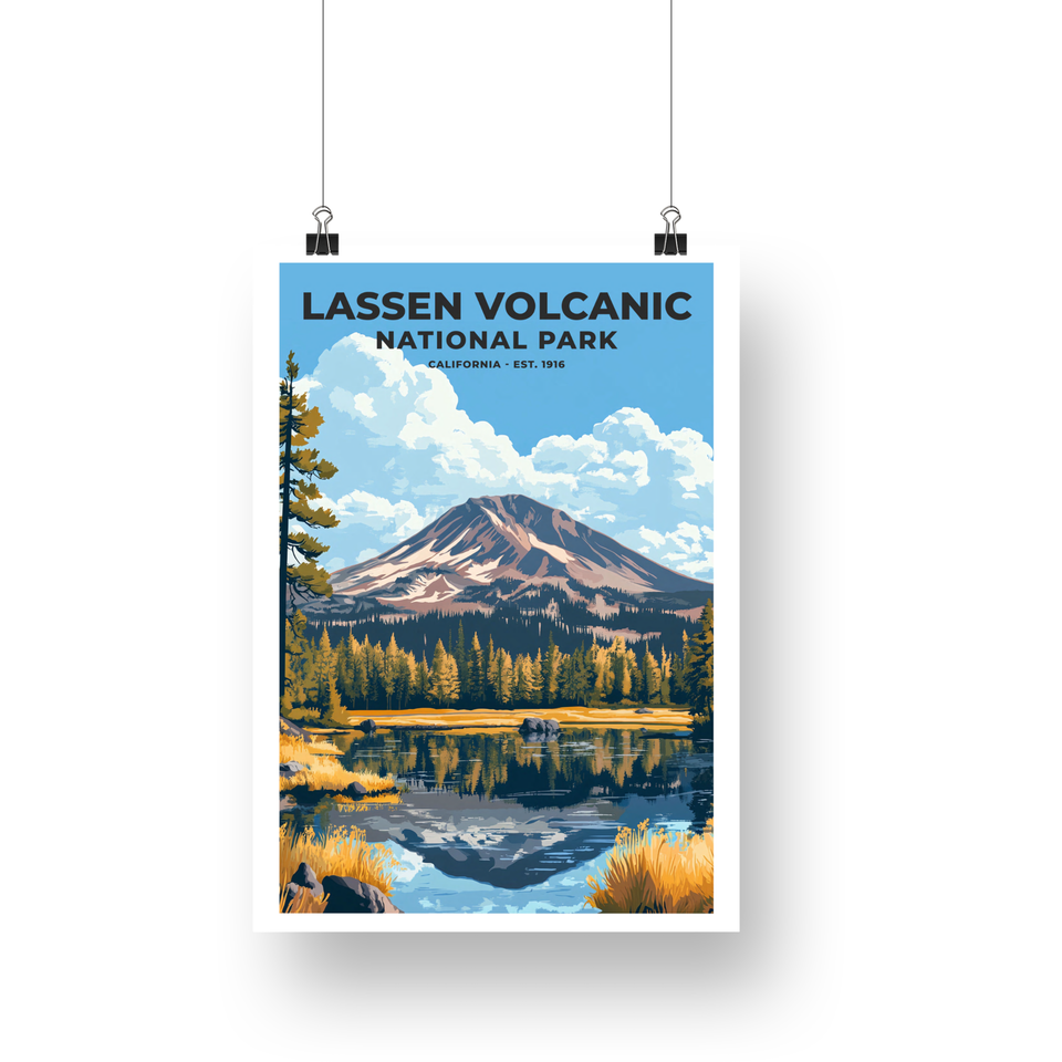 Lassen Volcanic National Park Poster – Volcano Reflection & Golden Reeds