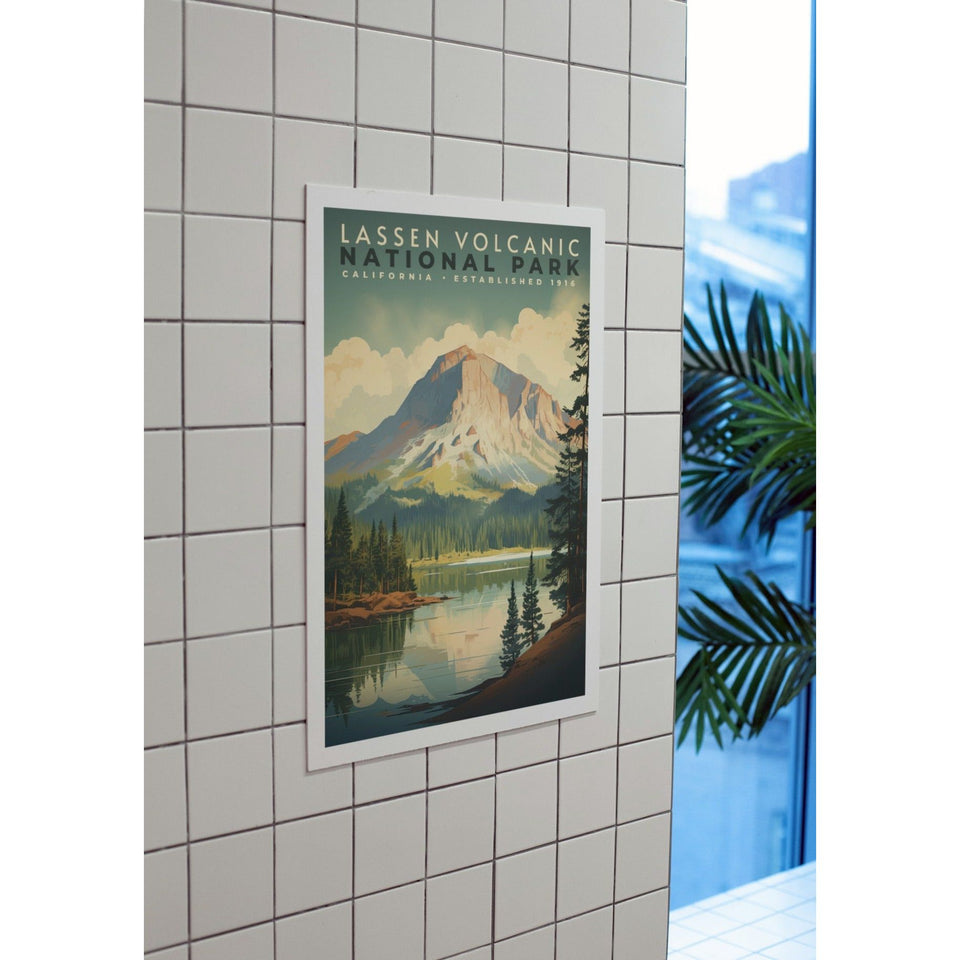 Lassen Volcanic National Park Poster – Rocky Summit & Forest Lake