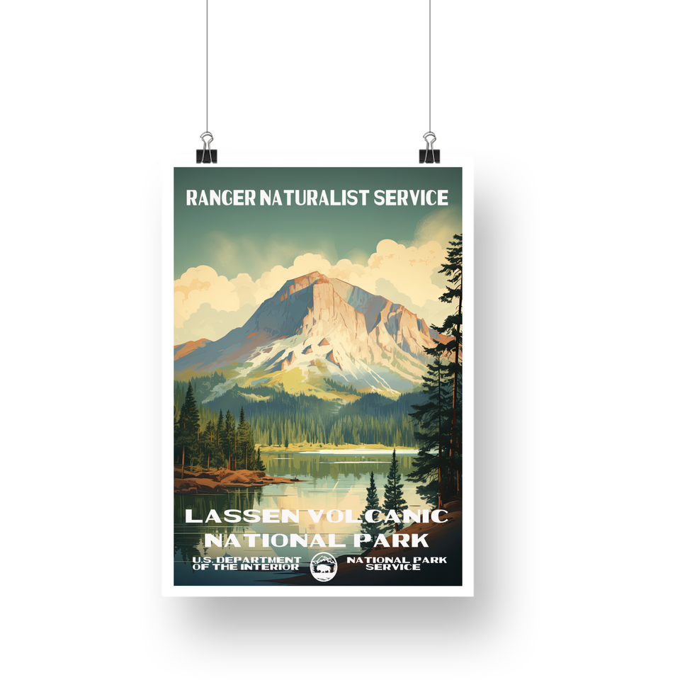Lassen Volcanic National Park Poster – Rocky Summit & Forest Lake – Ranger Header