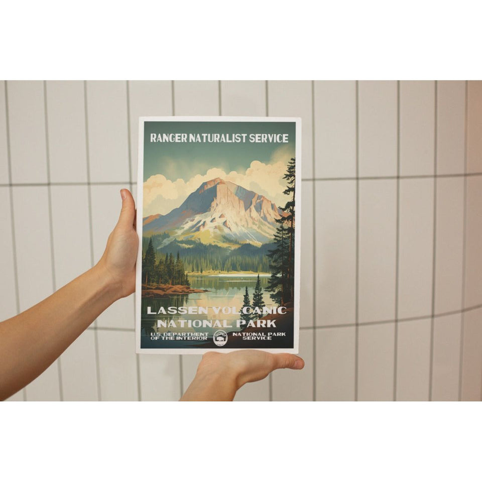 Lassen Volcanic National Park Poster – Rocky Summit & Forest Lake – Ranger Header