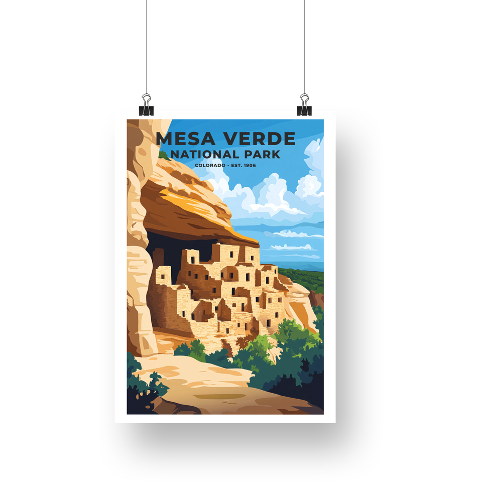 Mesa Verde National Park Poster – Cliff Dwellings & Blue Sky