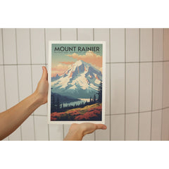 Mount Rainier National Park Poster – Snowy Mountain & Peach Clouds
