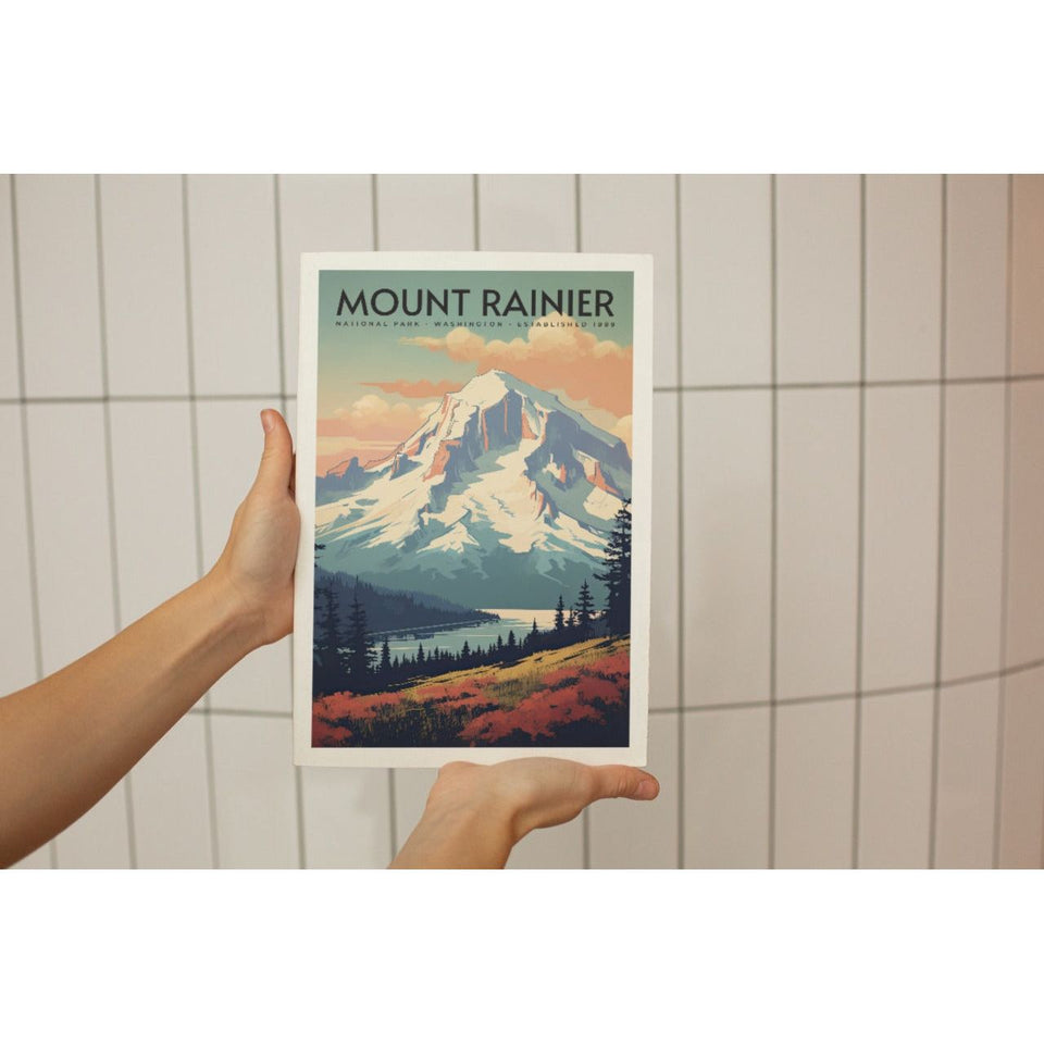 Mount Rainier National Park Poster – Snowy Mountain & Peach Clouds