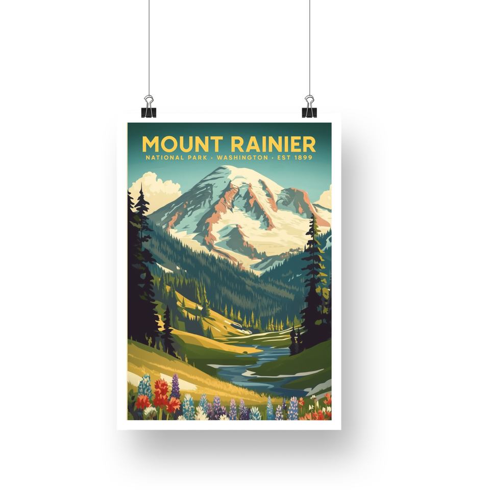 Mount Rainier National Park Poster – Mountain Meadow & River