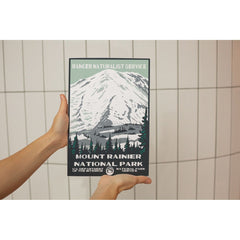 Mount Rainier National Park Poster – Snowy Mountain & Pine Silhouettes – Ranger Header