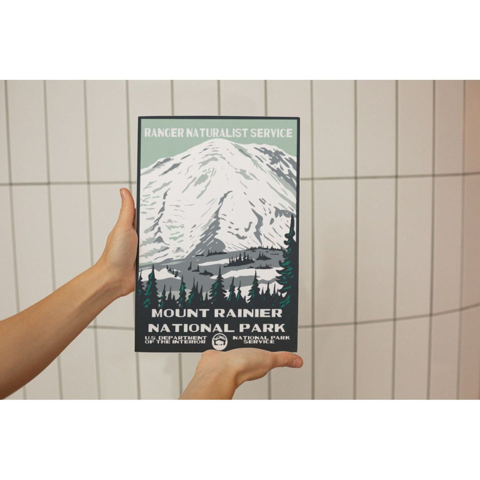 Mount Rainier National Park Poster – Snowy Mountain & Pine Silhouettes – Ranger Header