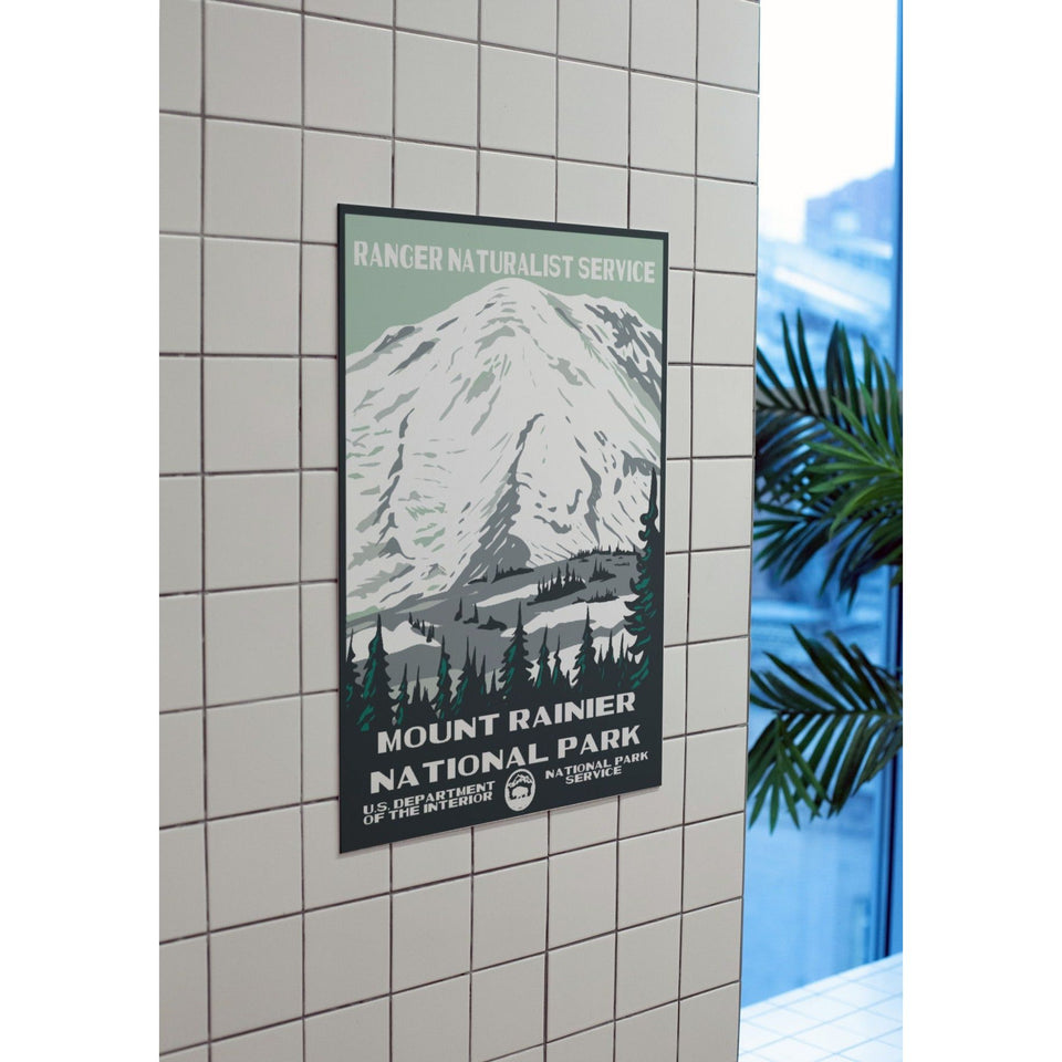 Mount Rainier National Park Poster – Snowy Mountain & Pine Silhouettes – Ranger Header