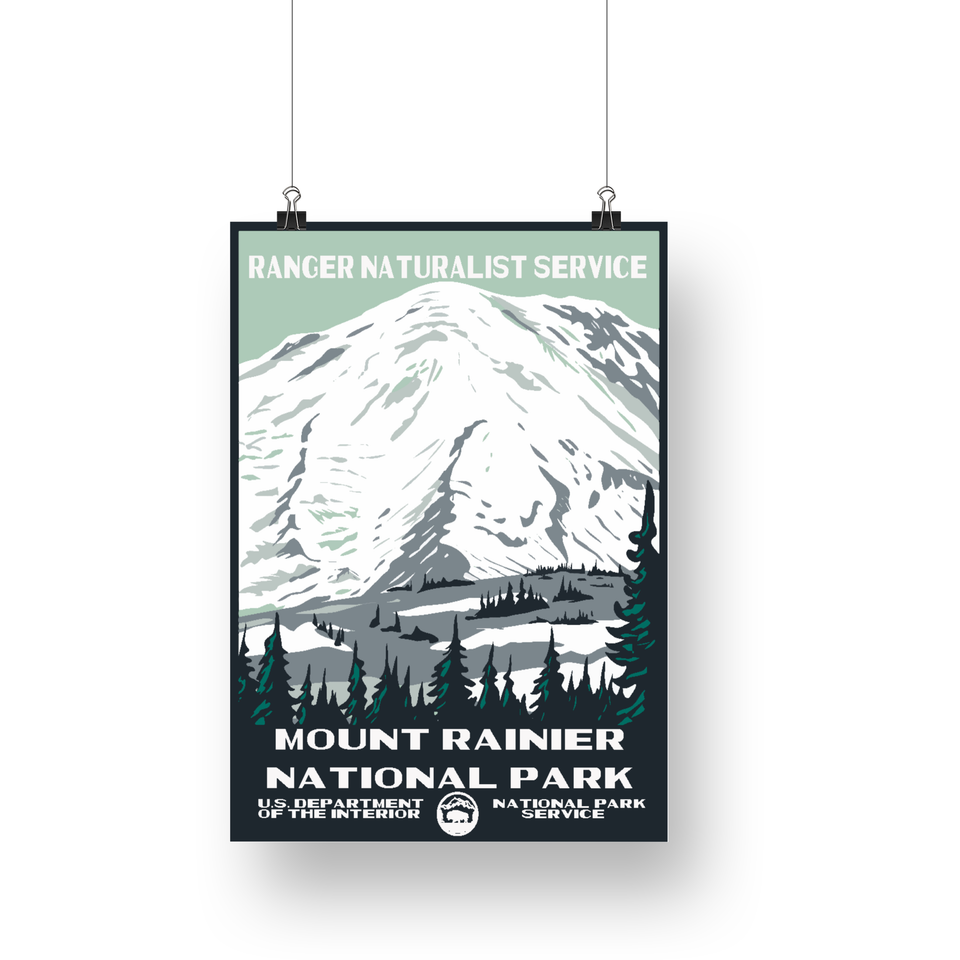 Mount Rainier National Park Poster – Snowy Mountain & Pine Silhouettes – Ranger Header
